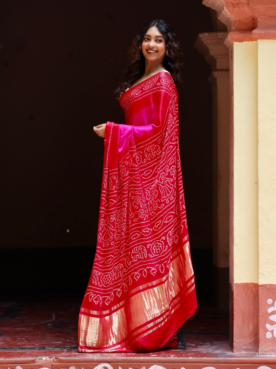 Rani Pink and Red Circle Theme Pure Gajji Silk Bandhani Saree