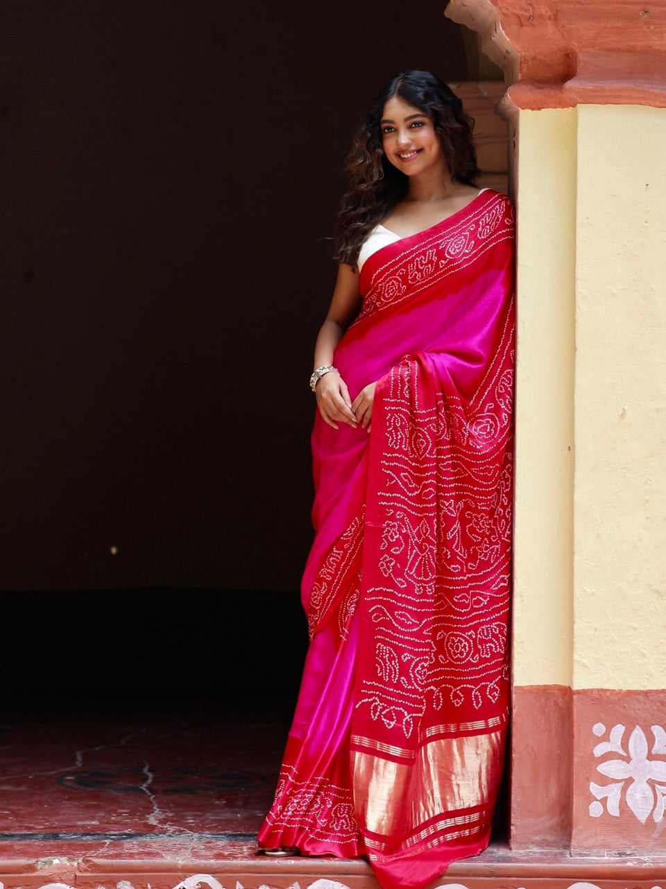 Rani Pink and Red Circle Theme Pure Gajji Silk Bandhani Saree