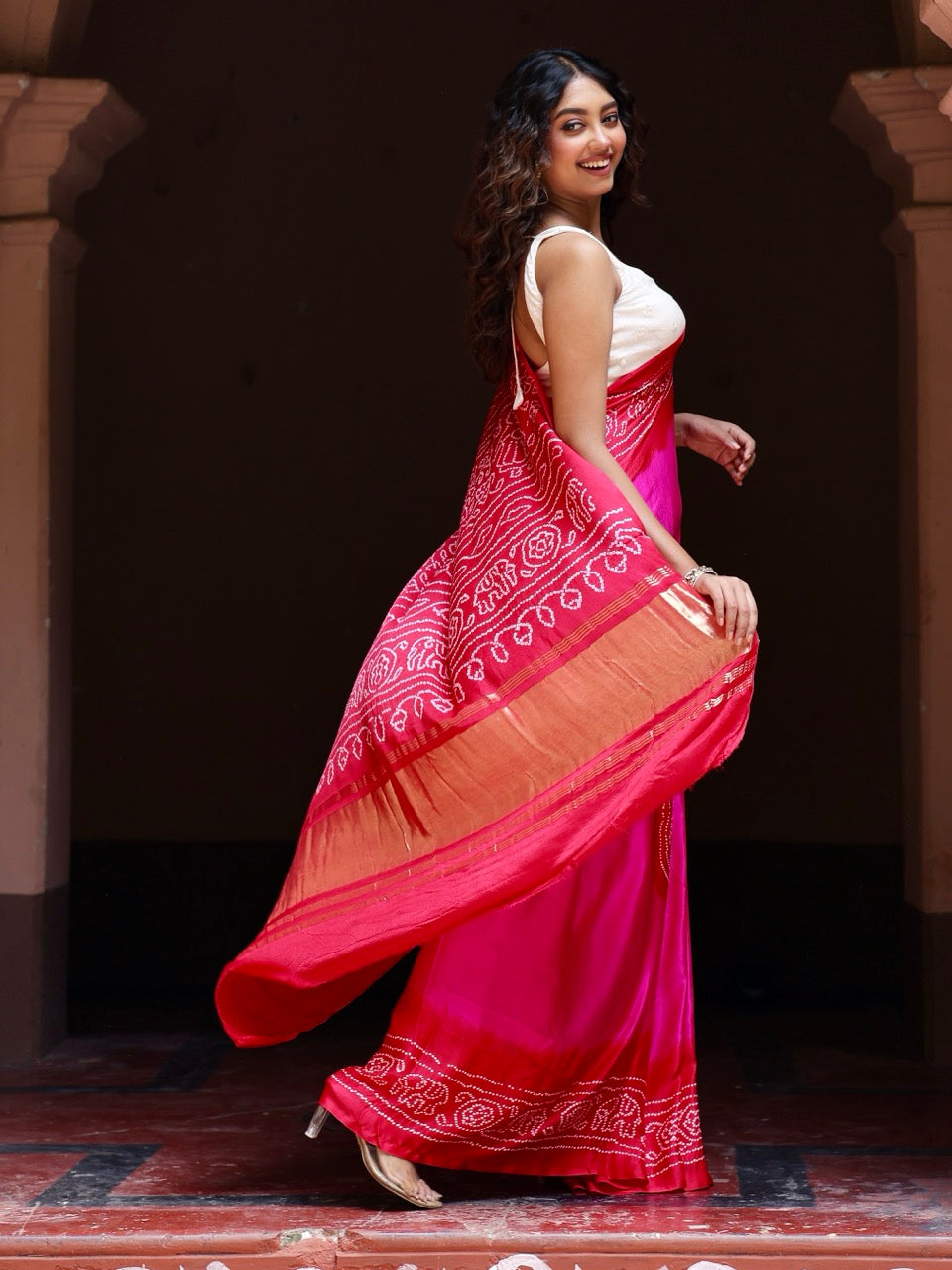 Rani Pink and Red Circle Theme Pure Gajji Silk Bandhani Saree