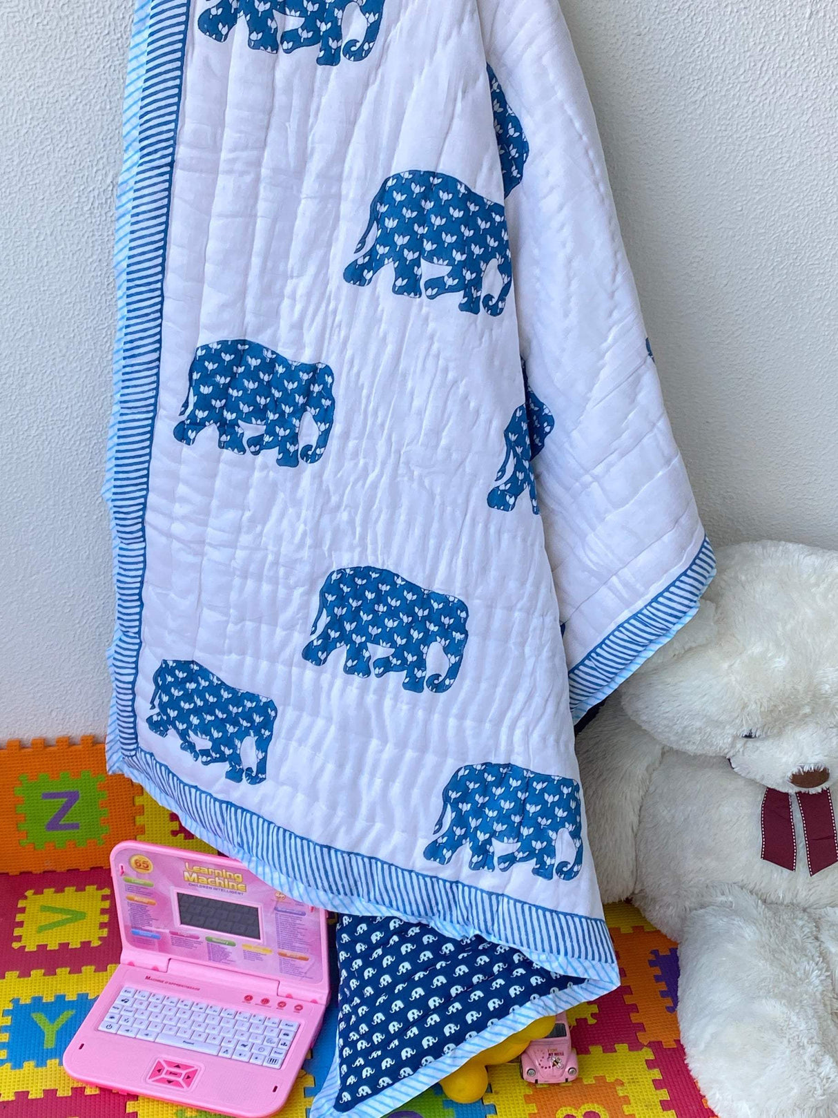 eco-friendly-blue-elephant-baby-quilt-made-of-azo-free-dyes-suitable-for-return-gifting-in-singapore-and-uk
