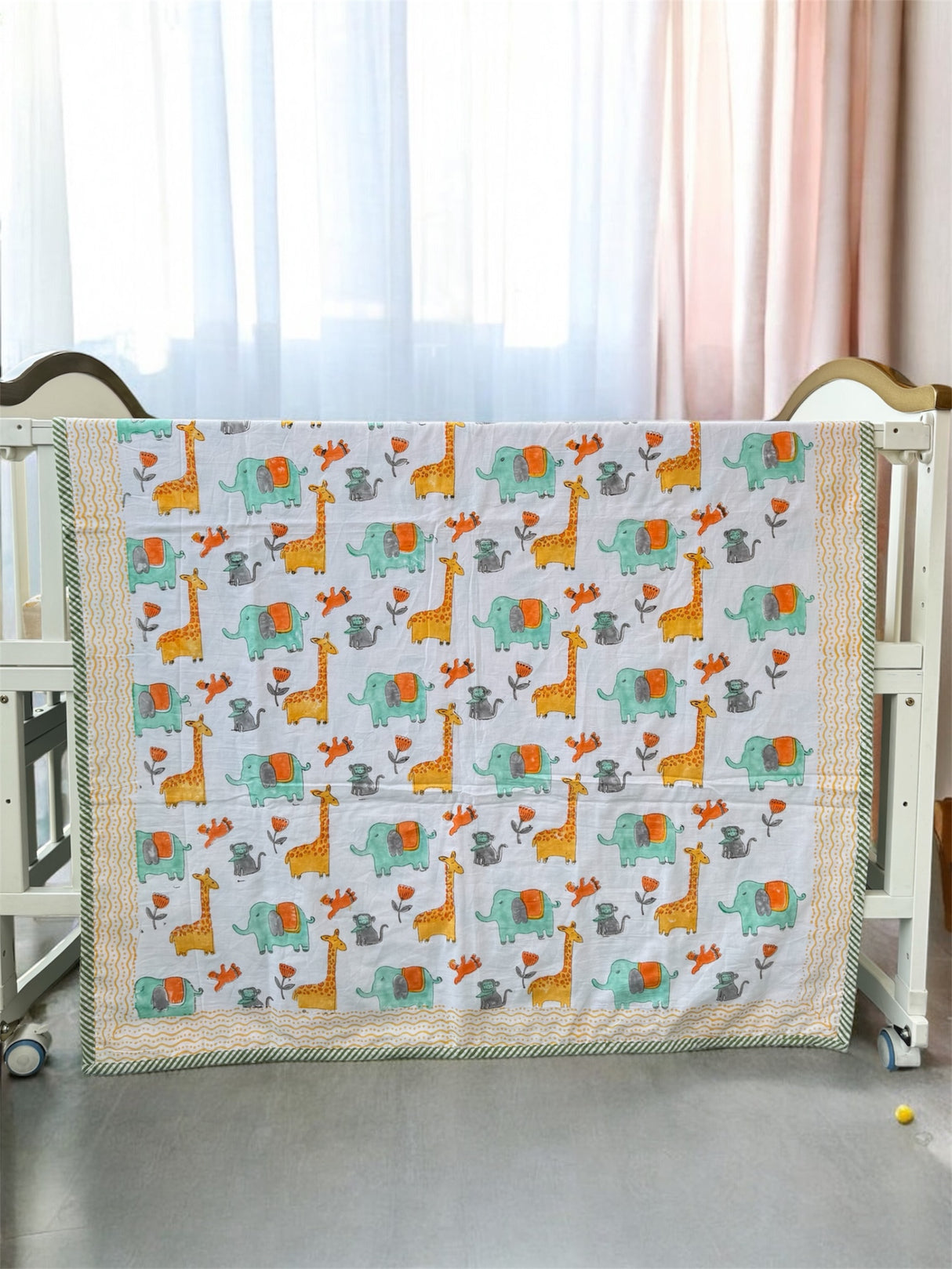 giraffe and elephant print cotton dohar with flannel summer blanket handmade india