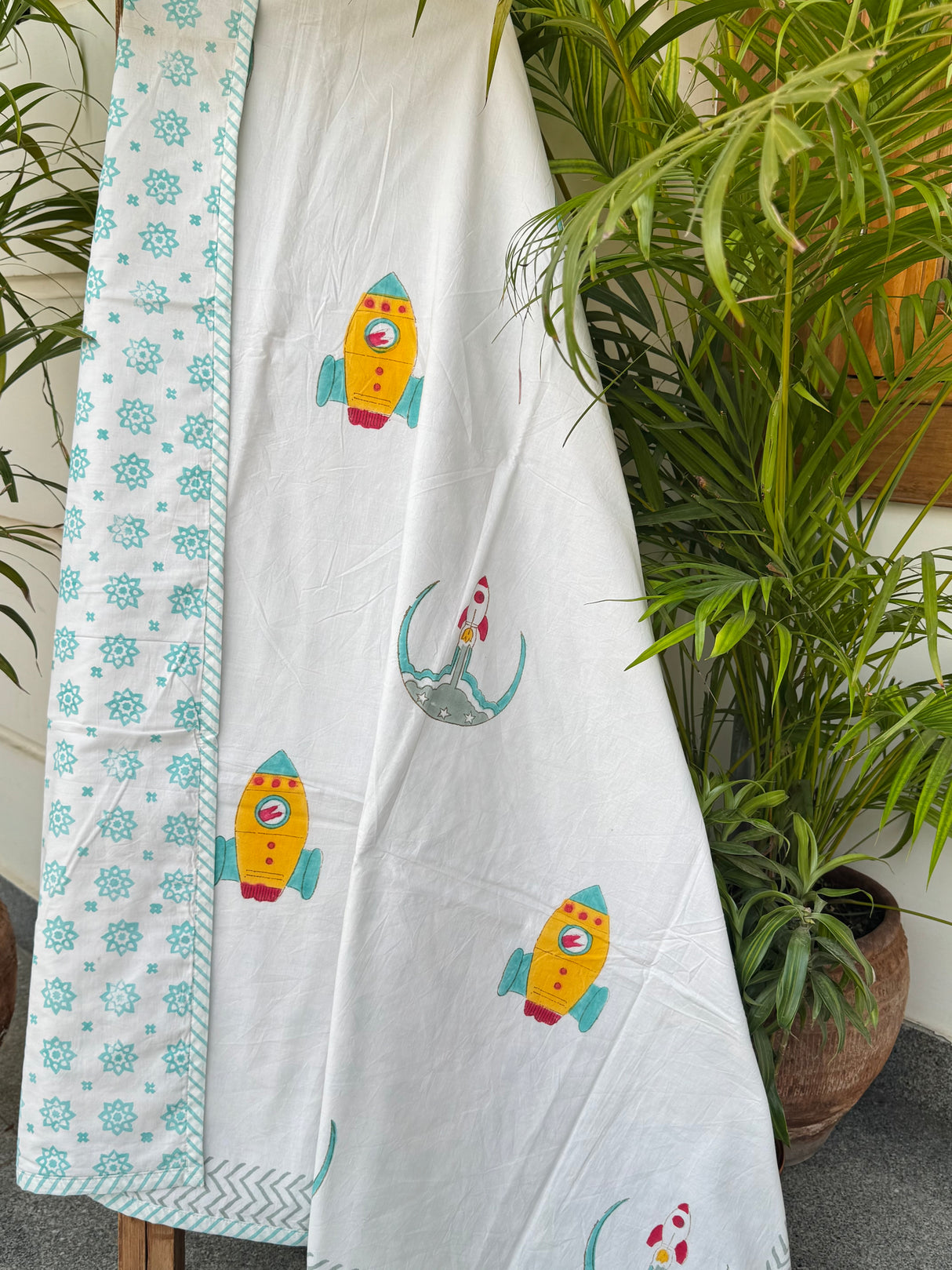 baby dohar space theme rocket and star print pure cotton reversible flannel layered handmade in jaipur