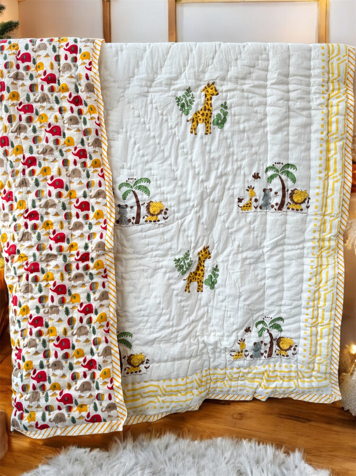 cute little jungle animal print quilt with elephant and giraffe friends handmade in Jaipur perfect for toddler gifts in Canada and UAE
