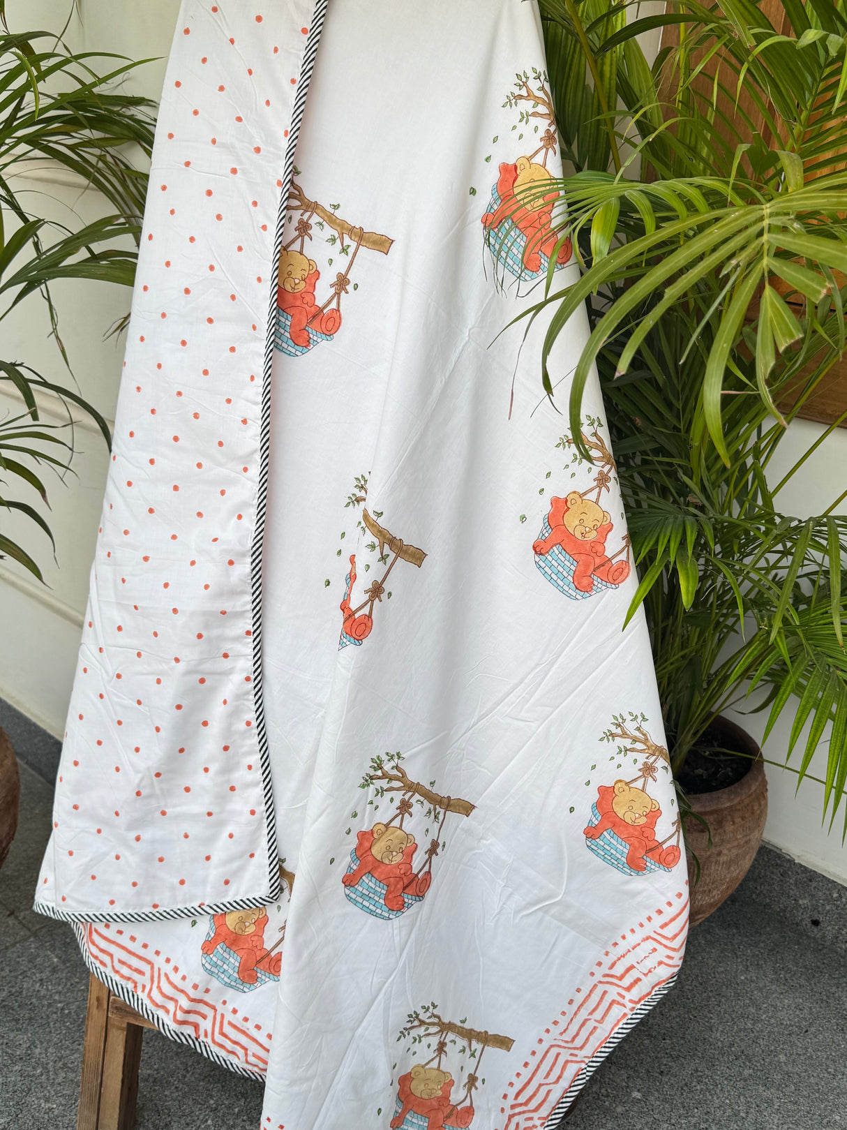 jaipur artisan made kids cotton dohar orange teddy on swing polka dot reversible blanket