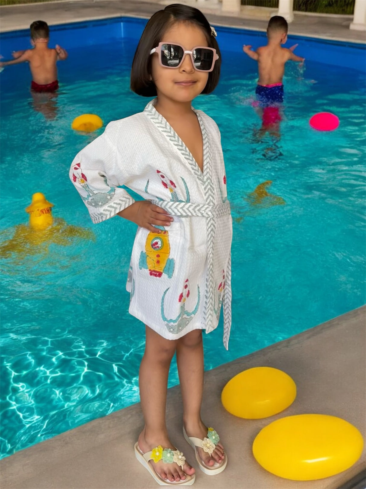 space rocket block printed kids bathrobe in cotton waffle fabric personalized with name for gifting and reselling in uk and australia