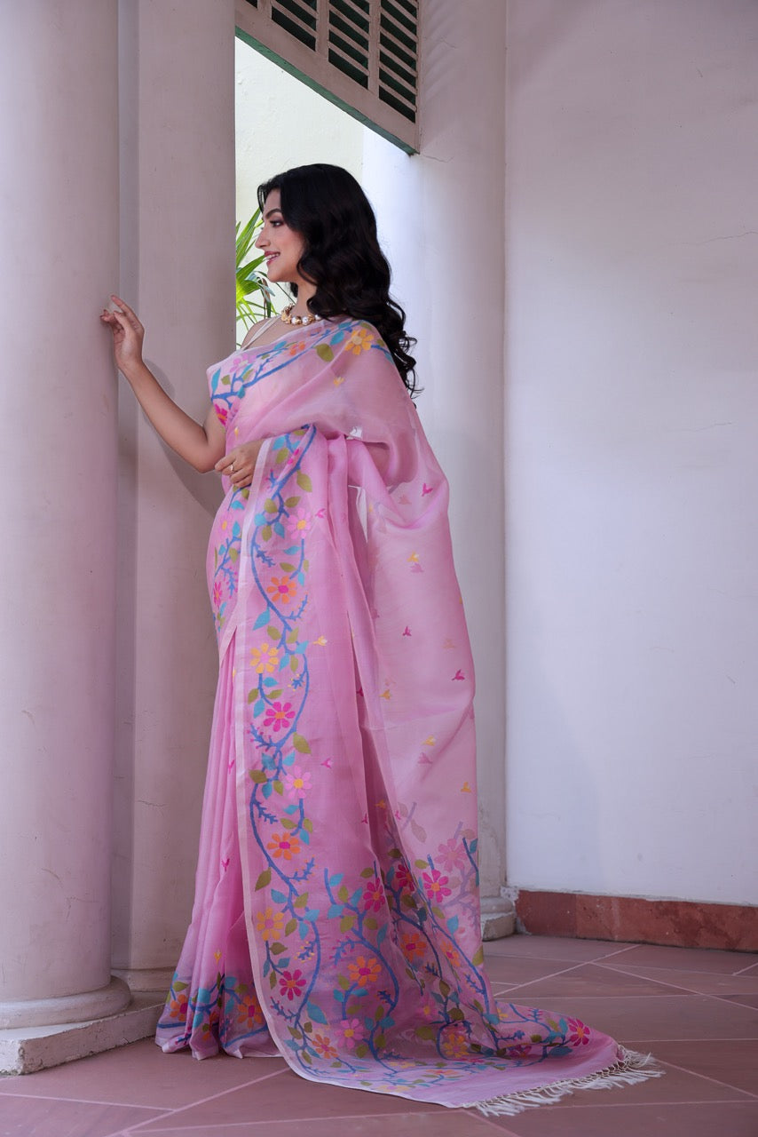 Rooh Gulabi - Handloom Muslin Silk Saree with Jamdani weaving