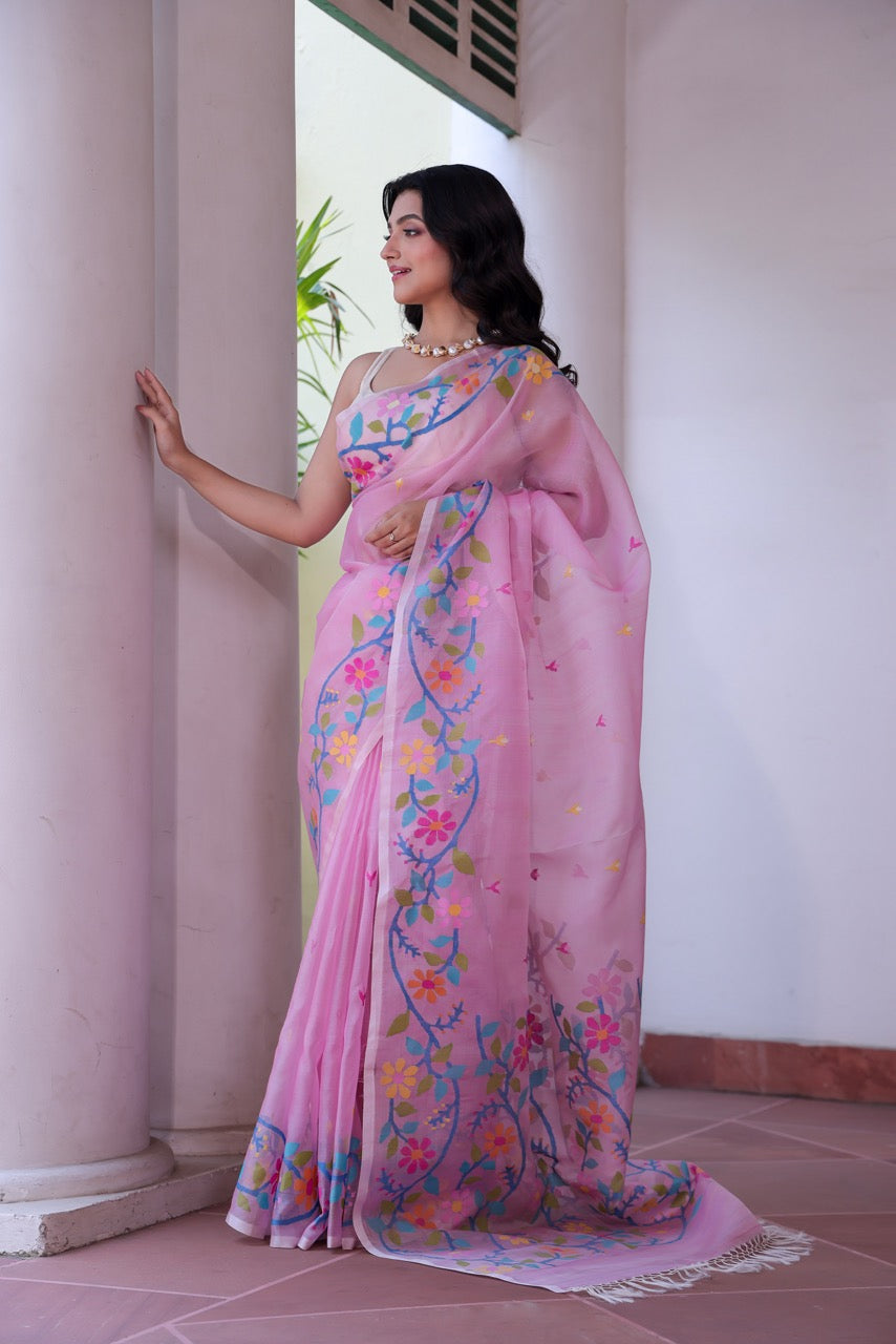 Rooh Gulabi - Handloom Muslin Silk Saree with Jamdani weaving