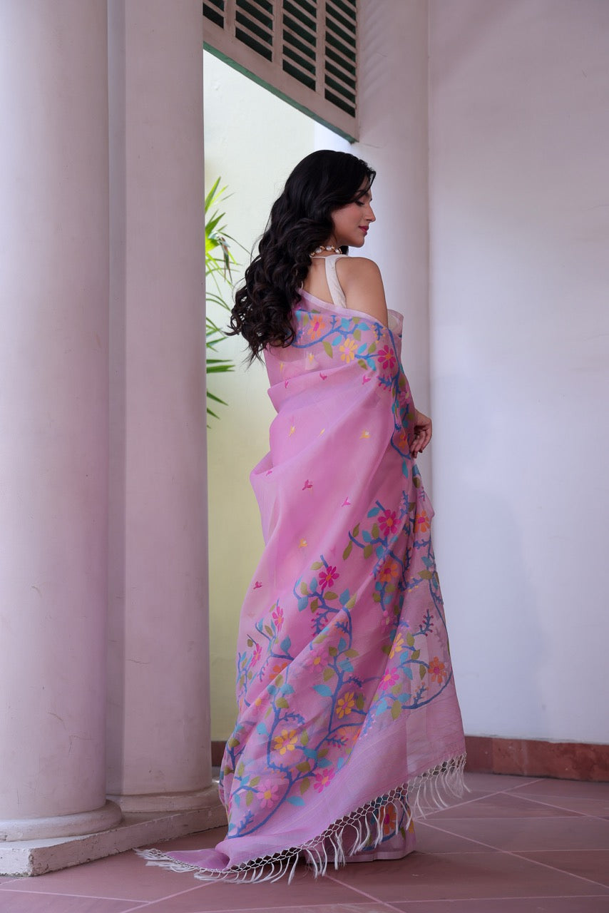 Rooh Gulabi - Handloom Muslin Silk Saree with Jamdani weaving