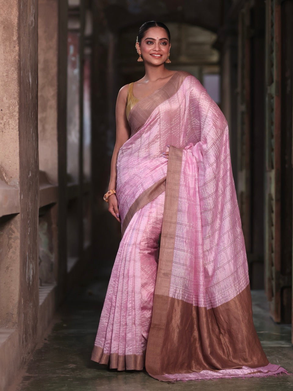 rosewood-checks-chanderi-silk-bandhani-saree