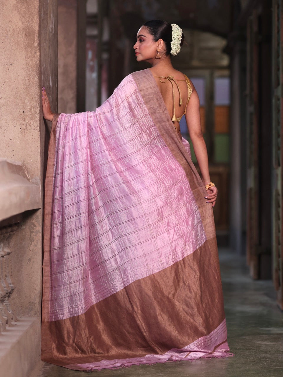 rosewood-checks-chanderi-silk-bandhani-saree