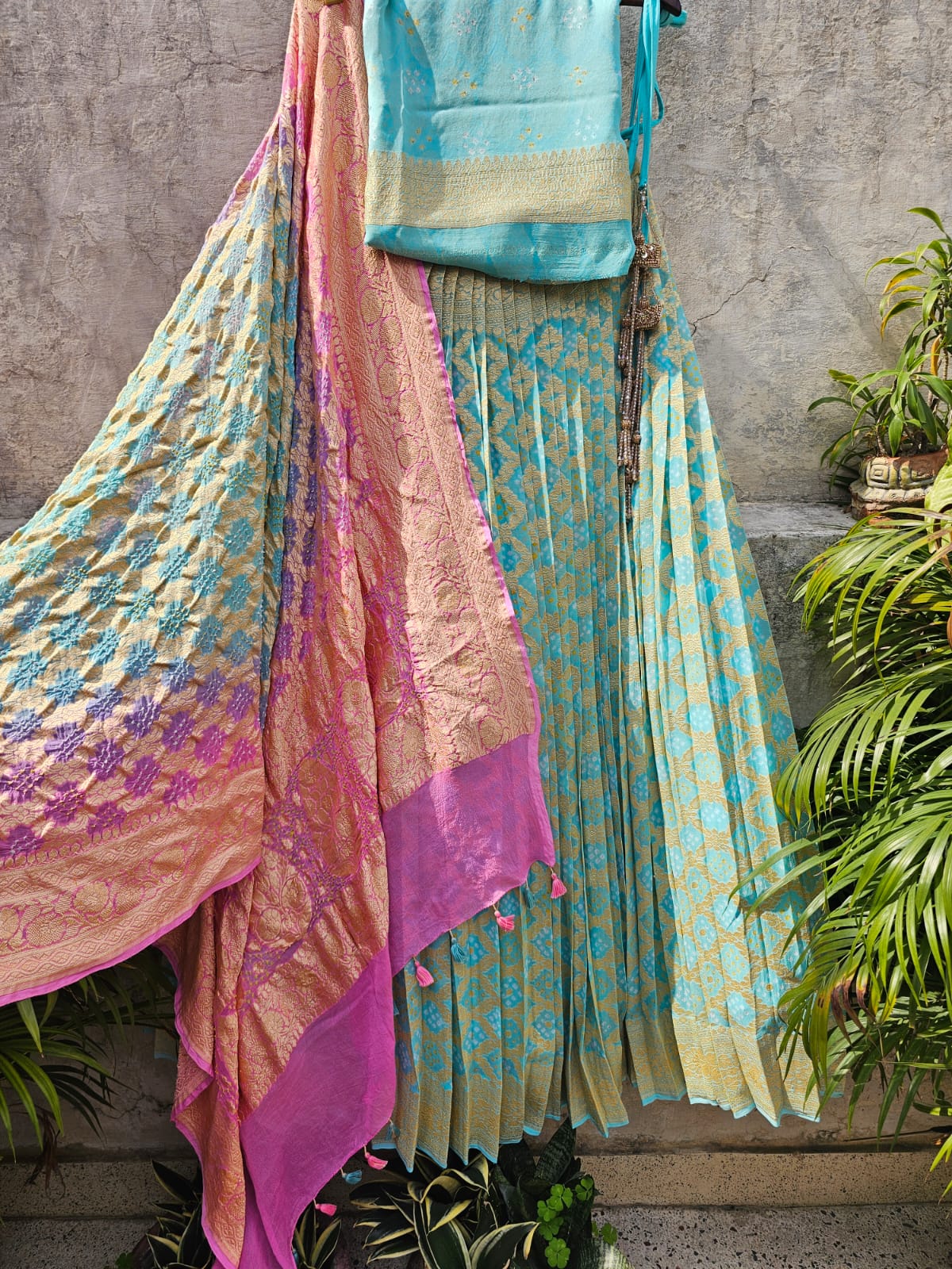 Sea Blue and Pink Pure Banarsi Georgette Bandhani Lehenga