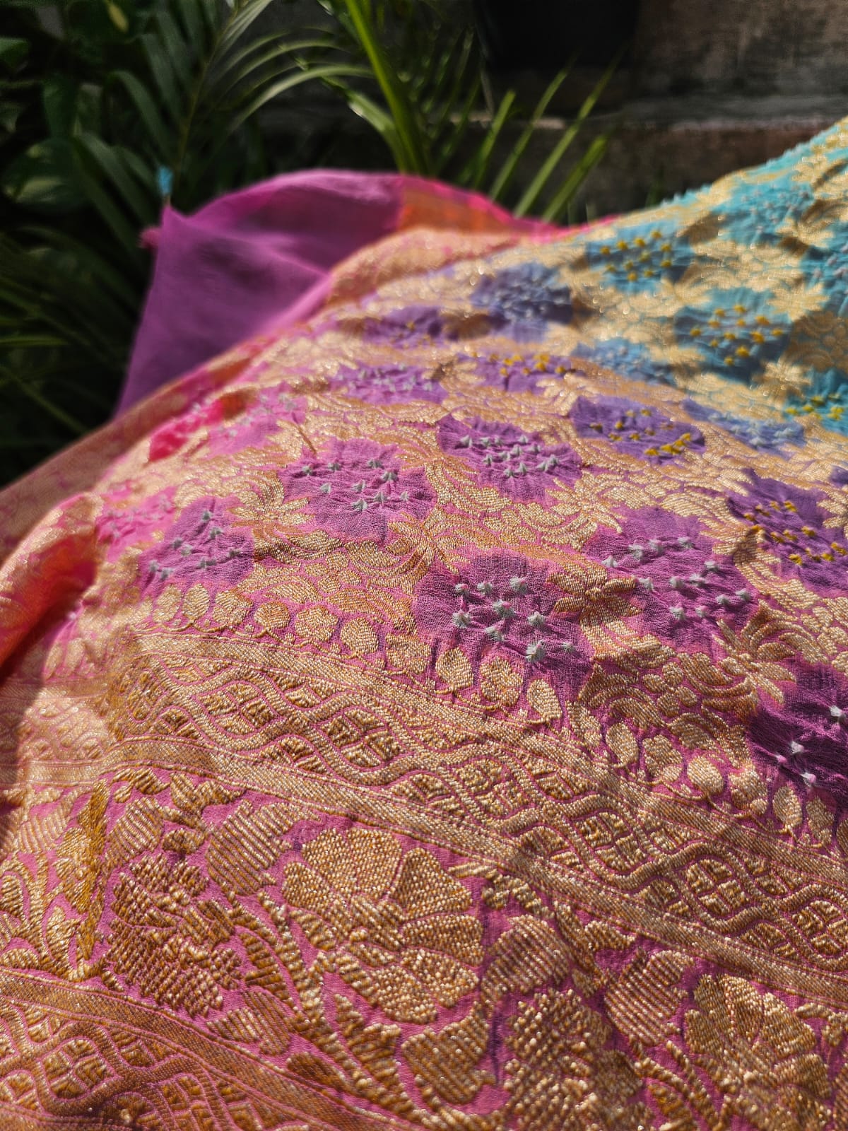 Sea Blue and Pink Pure Banarsi Georgette Bandhani Lehenga