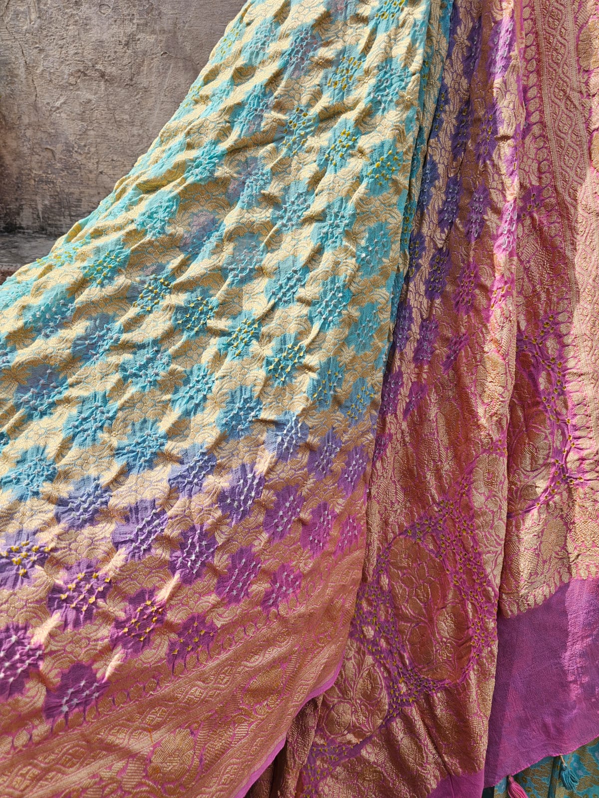 Sea Blue and Pink Pure Banarsi Georgette Bandhani Lehenga
