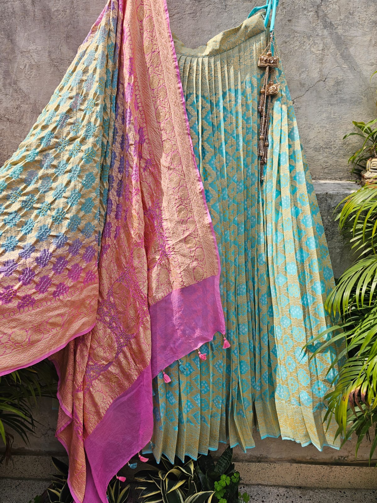 Sea Blue and Pink Pure Banarsi Georgette Bandhani Lehenga