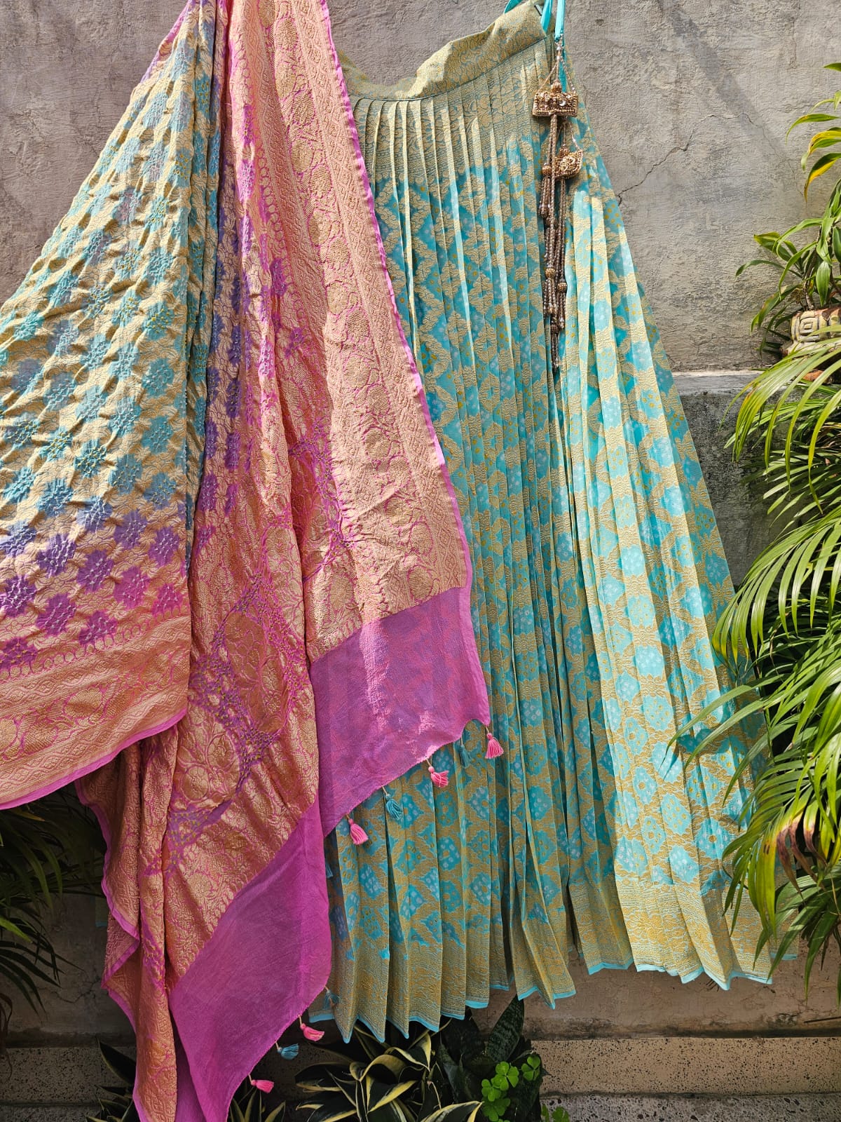 Sea Blue and Pink Pure Banarsi Georgette Bandhani Lehenga