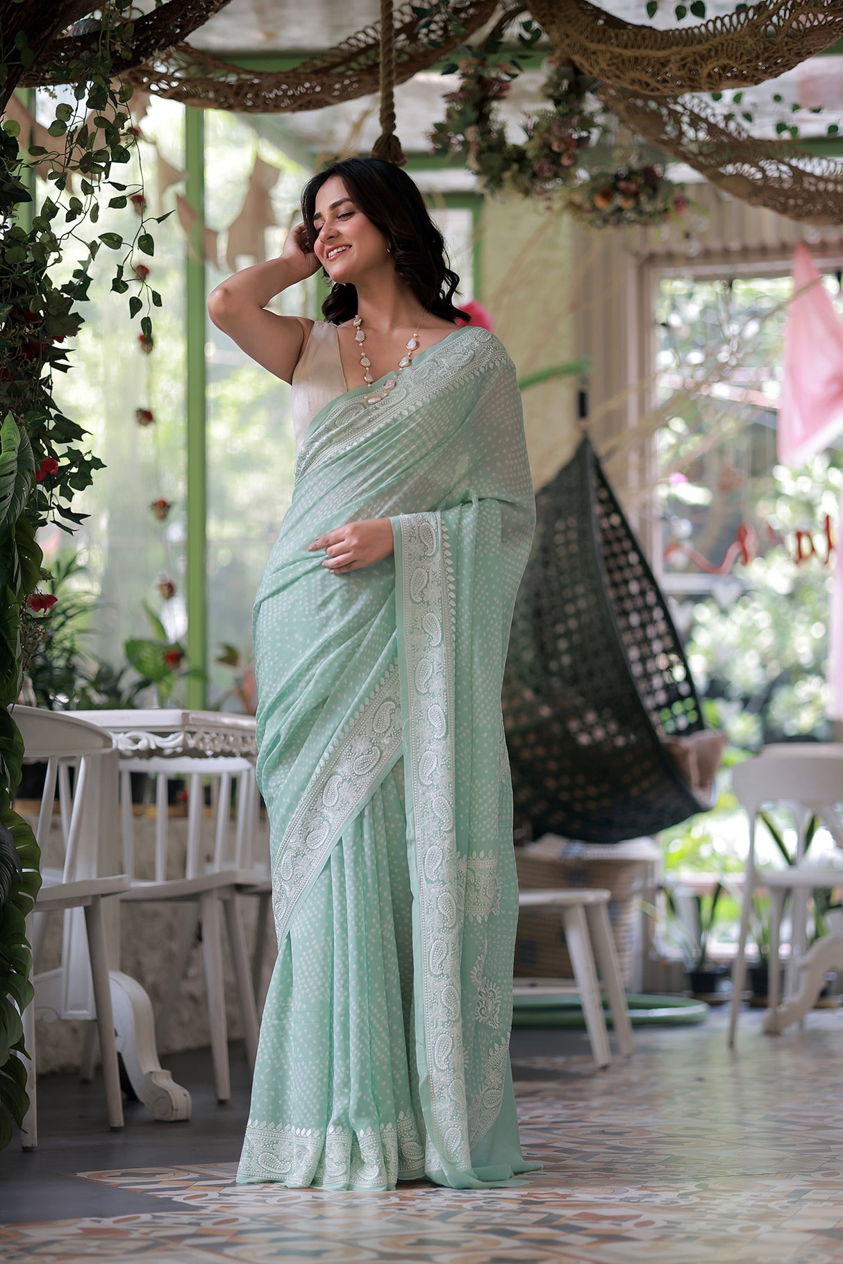 Light Sea Green Pure Banarsee Georgette Bandhani Saree with Machine Embroidery