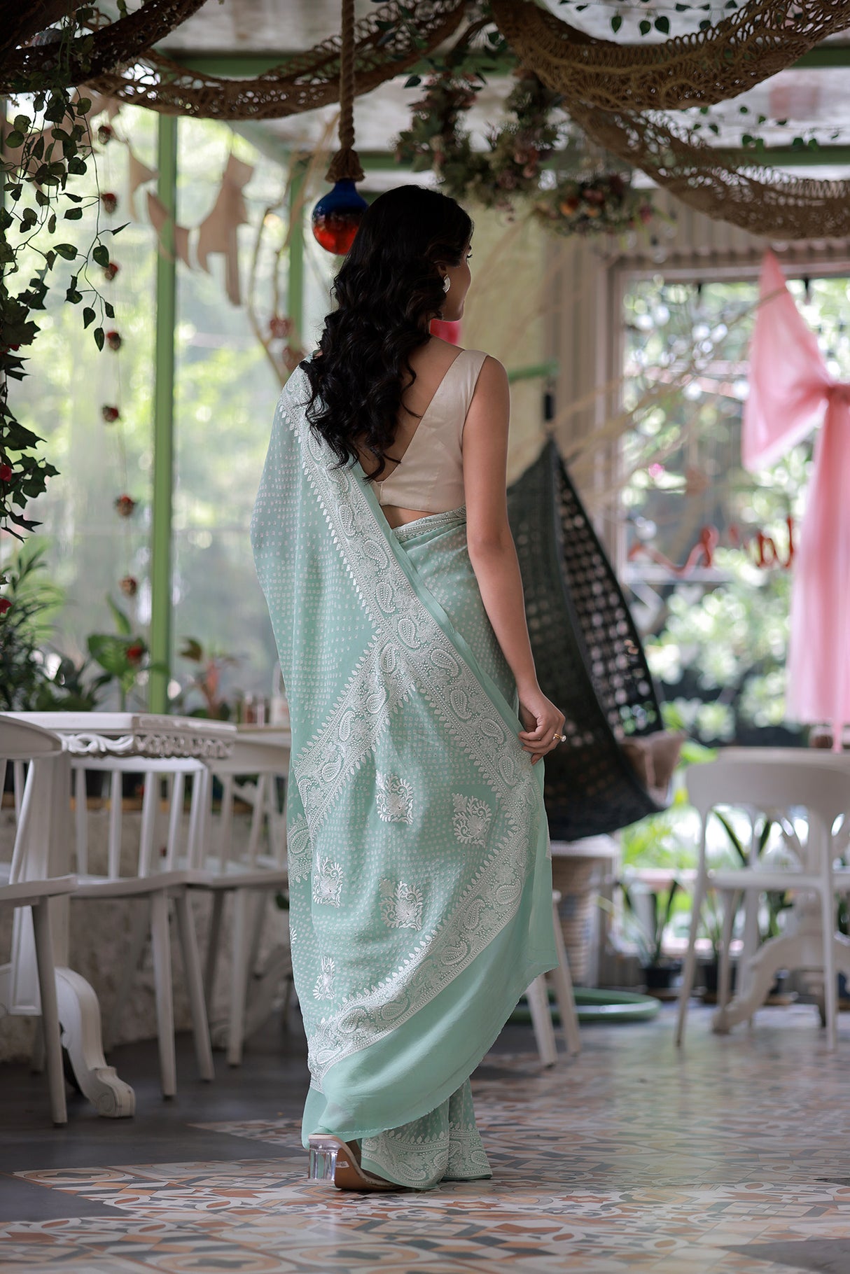Light Sea Green Pure Banarsee Georgette Bandhani Saree with Machine Embroidery