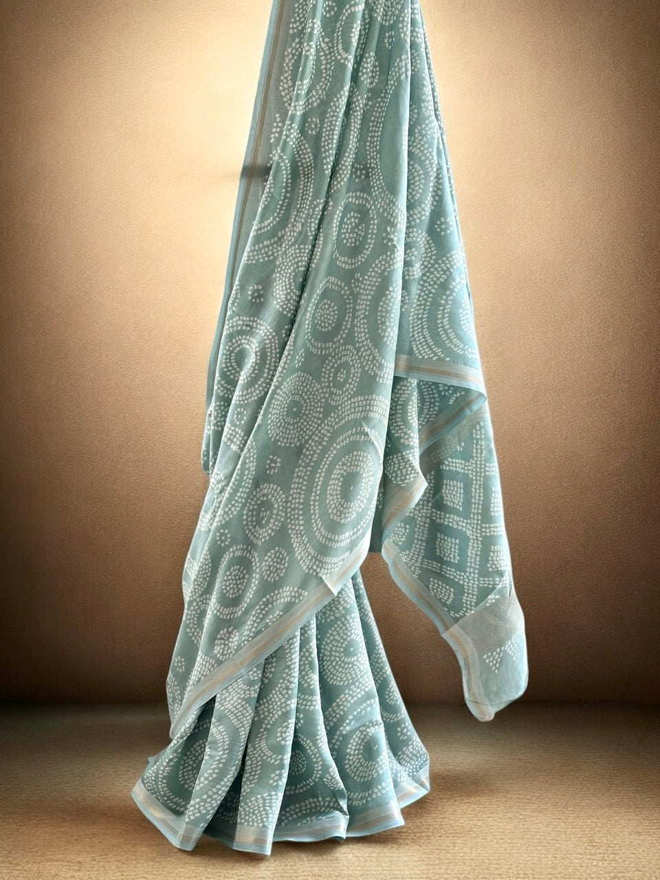Sea Greenish Grey Chiniya Silk Circular Pattern Bandhani Saree