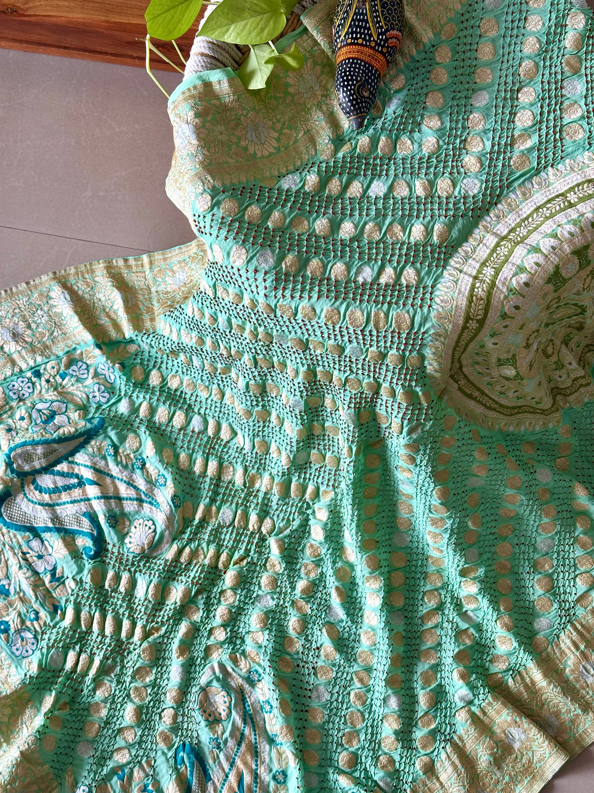 Sea Green Royale Banarasi Georgette Meenakari Bandhani Dupatta