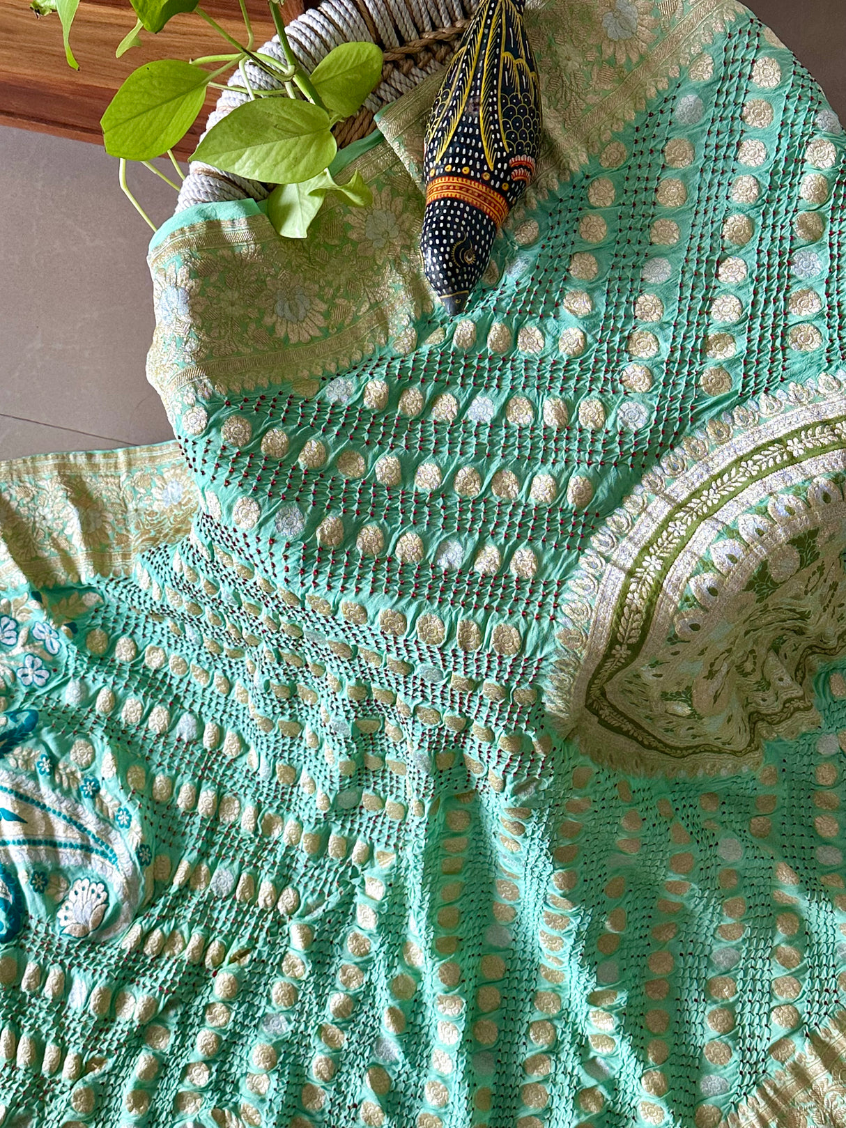 Sea Green Royale Banarasi Georgette Meenakari Bandhani Dupatta