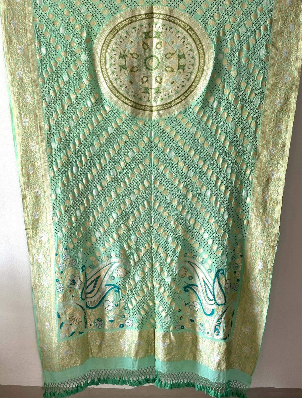 Sea Green Royale Banarasi Georgette Meenakari Bandhani Dupatta
