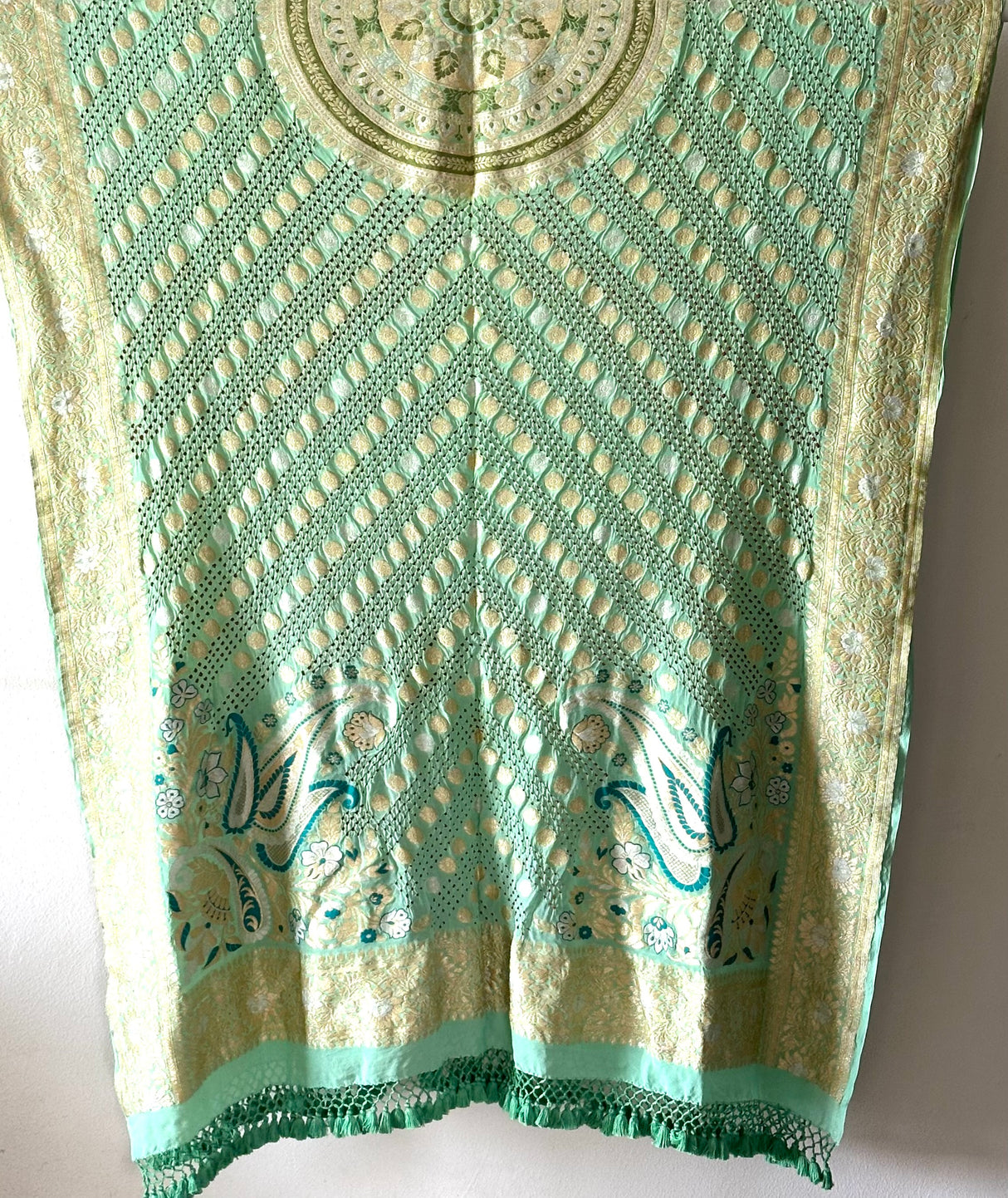 Sea Green Royale Banarasi Georgette Meenakari Bandhani Dupatta