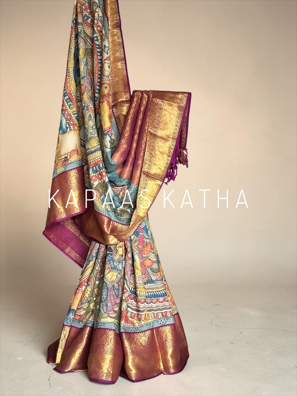 ram sita theme kanjivaram silk kalamkari saree