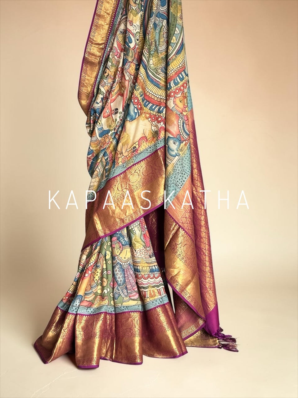 ram sita theme kanjivaram silk kalamkari saree