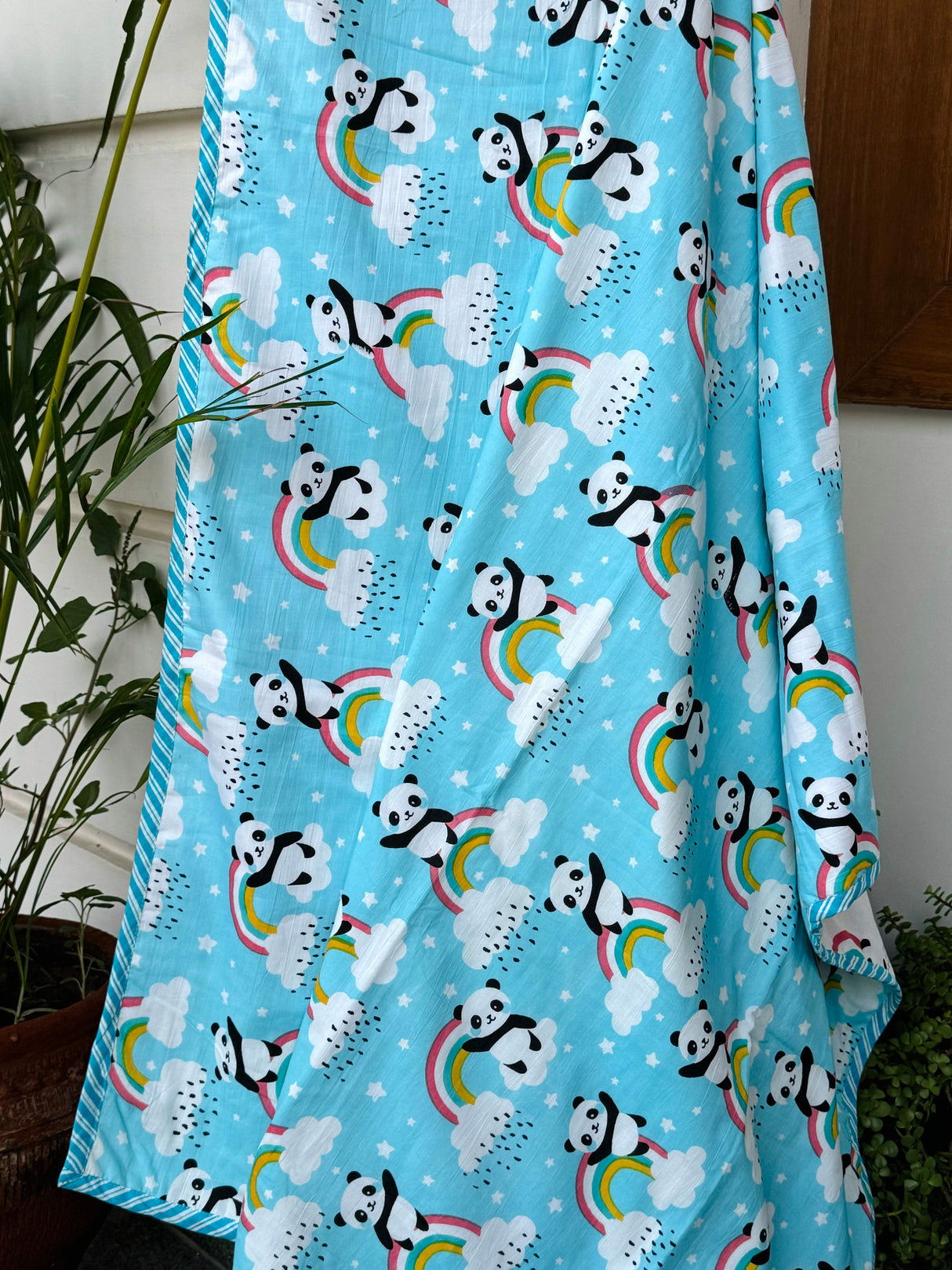 reversible panda print baby blanket blue and white base breathable cotton