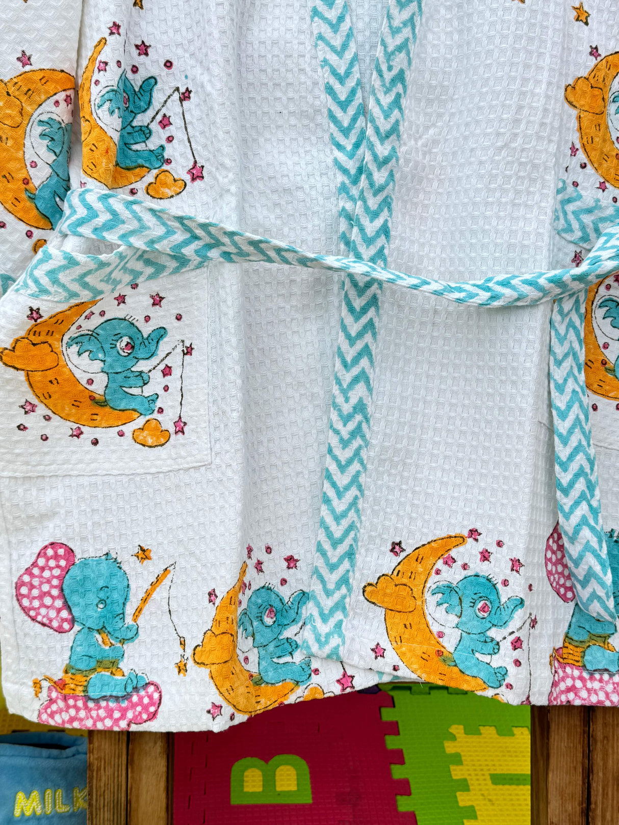 elephant block printed kids bathrobe in waffle cotton with name embroidery suitable for export boutique sales and bulk gifting