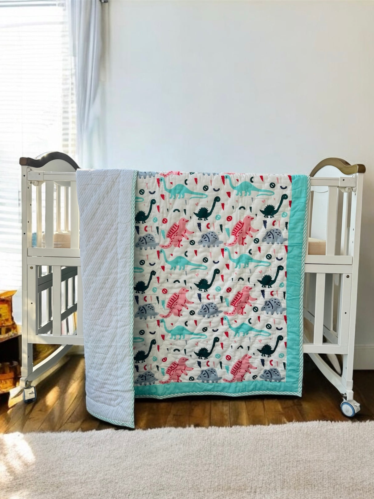 dinosaur theme baby dohar with turquoise jungle background handcrafted by Jaipur artisans for gifting in Ireland and UAE