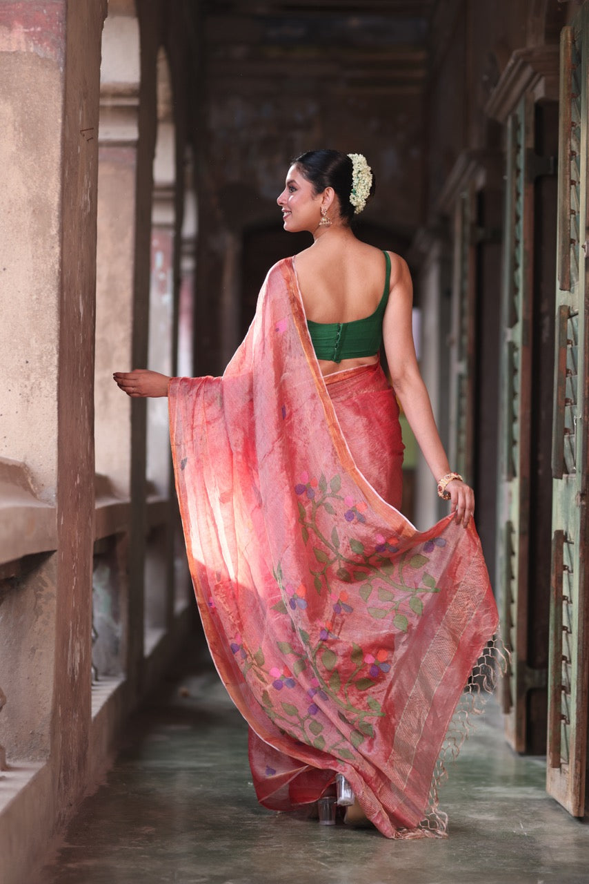 sophisticated-carrot-red-handloom-tissue-silk-saree-with-jamdani-weaving