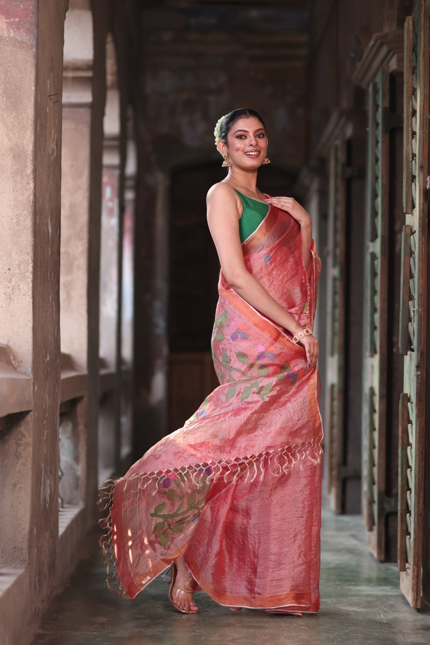 sophisticated-carrot-red-handloom-tissue-silk-saree-with-jamdani-weaving