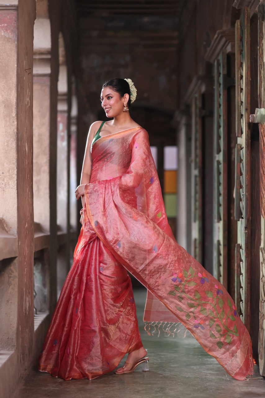 sophisticated-carrot-red-handloom-tissue-silk-saree-with-jamdani-weaving