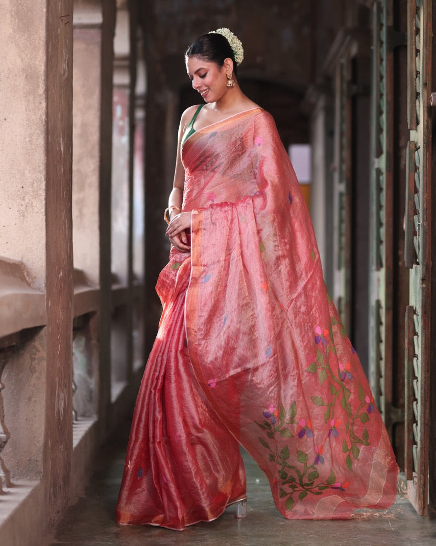 sophisticated-carrot-red-handloom-tissue-silk-saree-with-jamdani-weaving