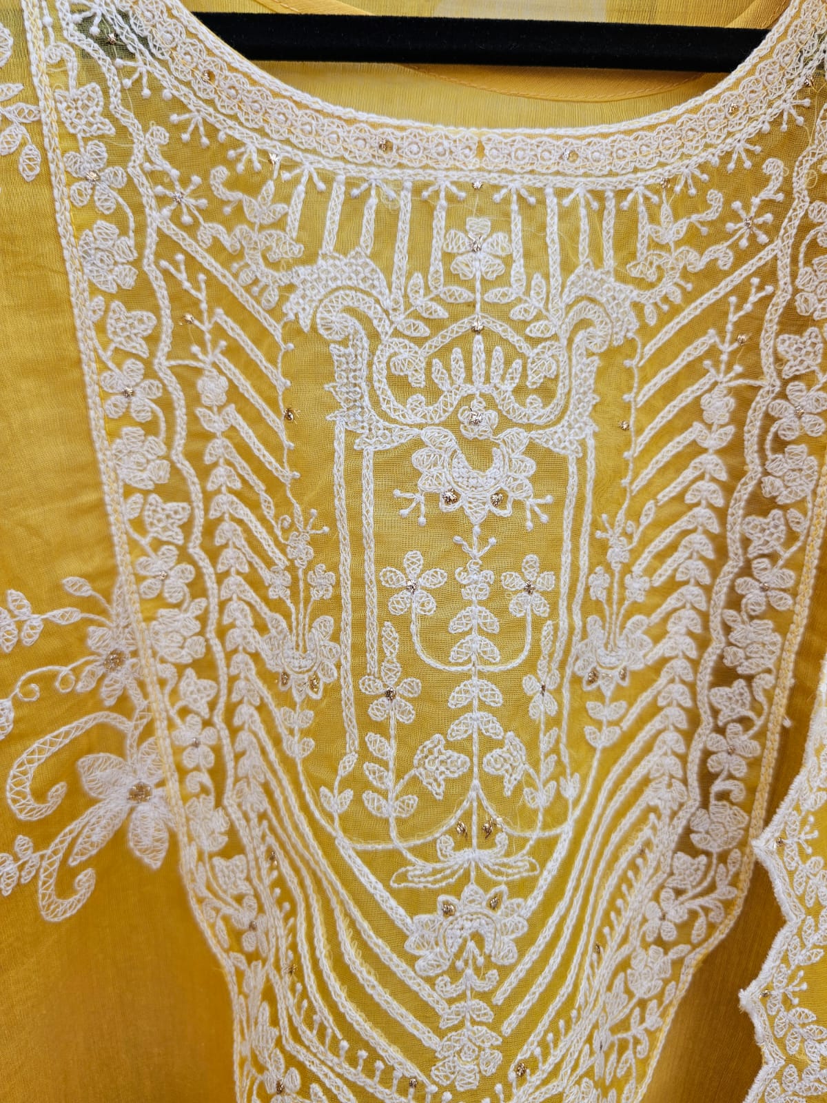 Sophisticated Yellow Floral Machine Embroidered Three Piece Chanderi Mulmul Semi Stitched Suit Set