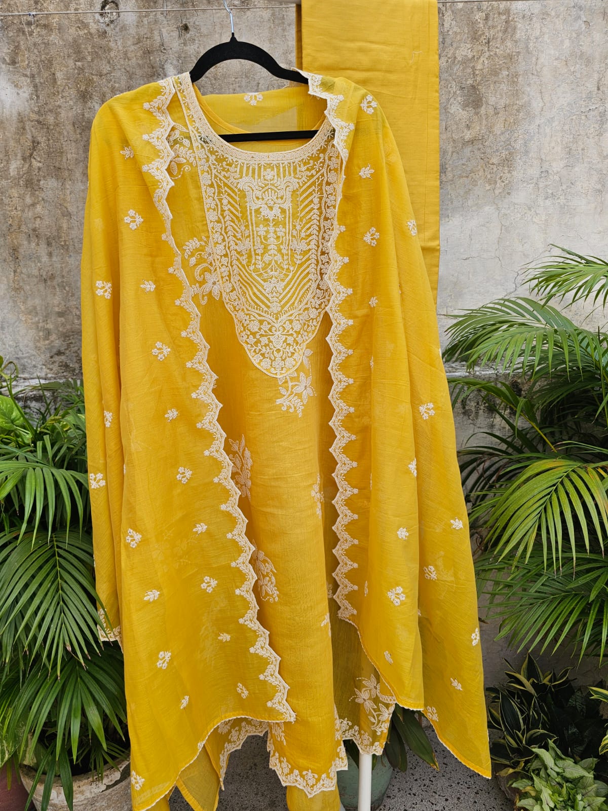 Sophisticated Yellow Floral Machine Embroidered Three Piece Chanderi Mulmul Semi Stitched Suit Set