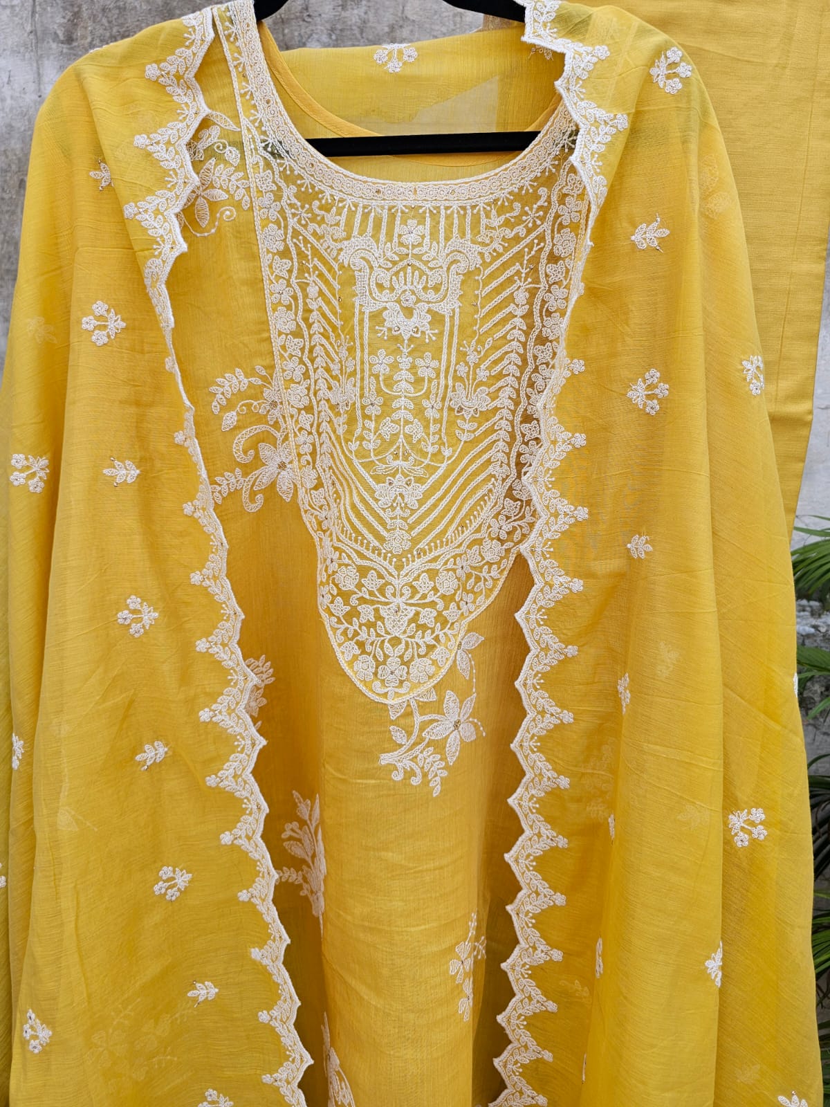 Sophisticated Yellow Floral Machine Embroidered Three Piece Chanderi Mulmul Semi Stitched Suit Set