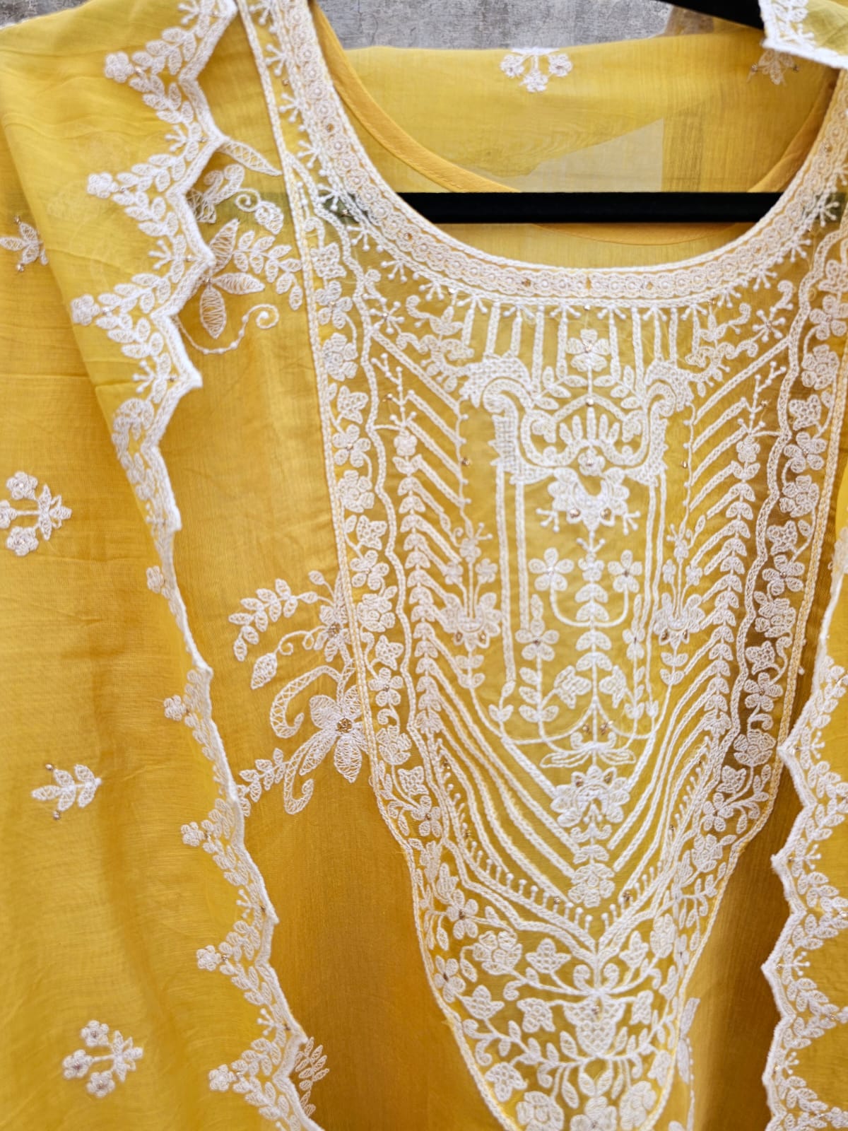 Sophisticated Yellow Floral Machine Embroidered Three Piece Chanderi Mulmul Semi Stitched Suit Set