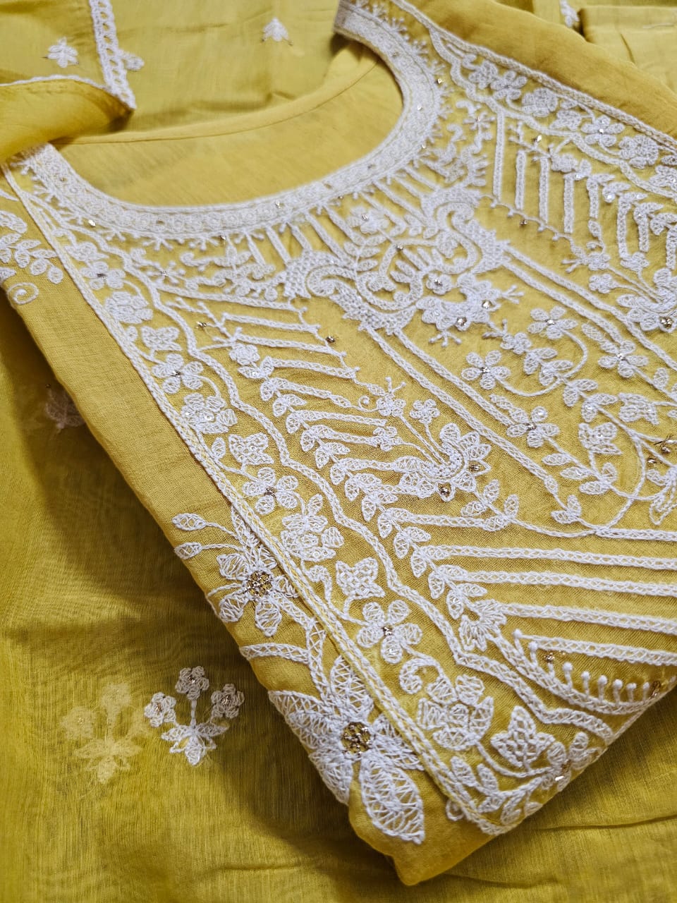 Sophisticated Yellow Floral Machine Embroidered Three Piece Chanderi Mulmul Semi Stitched Suit Set