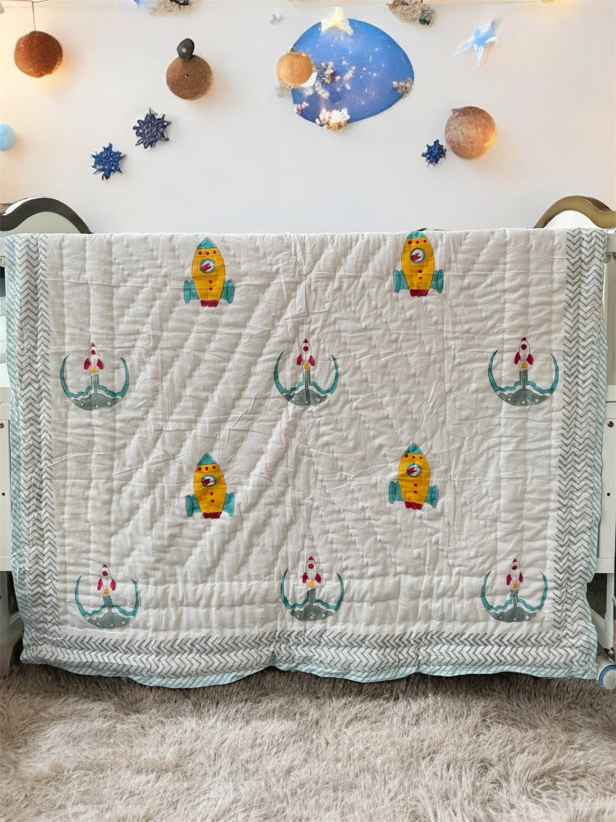 breathable space rocket print quilt for toddlers made in India for UK market