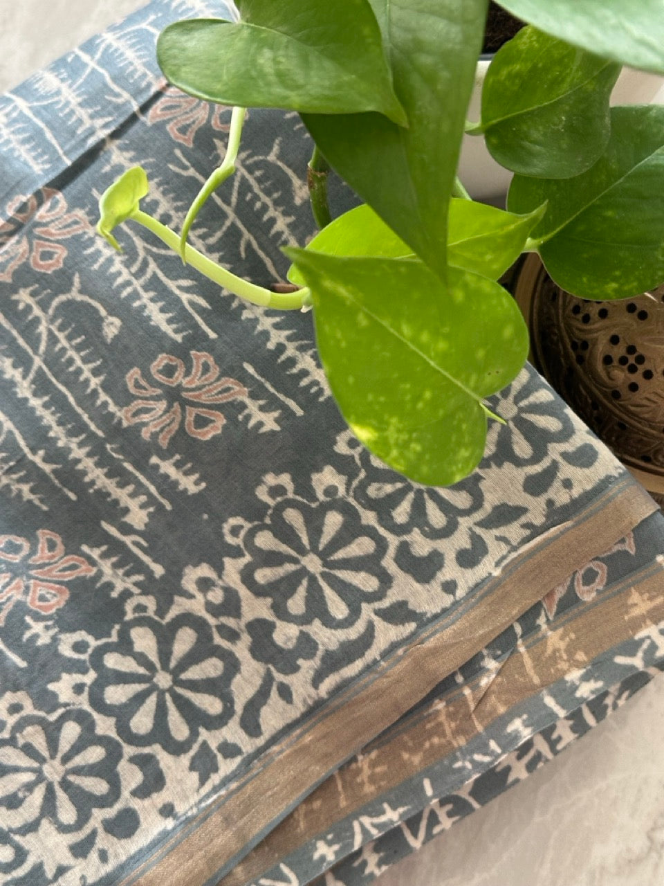 Steel Grey Handblock Print Chanderi Cotton Silk Saree