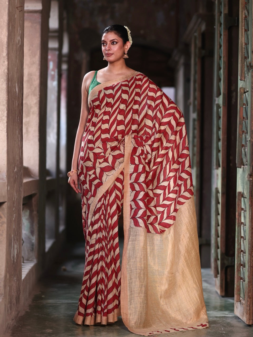 stylish-handloom-matka-silk-kalamkari-saree