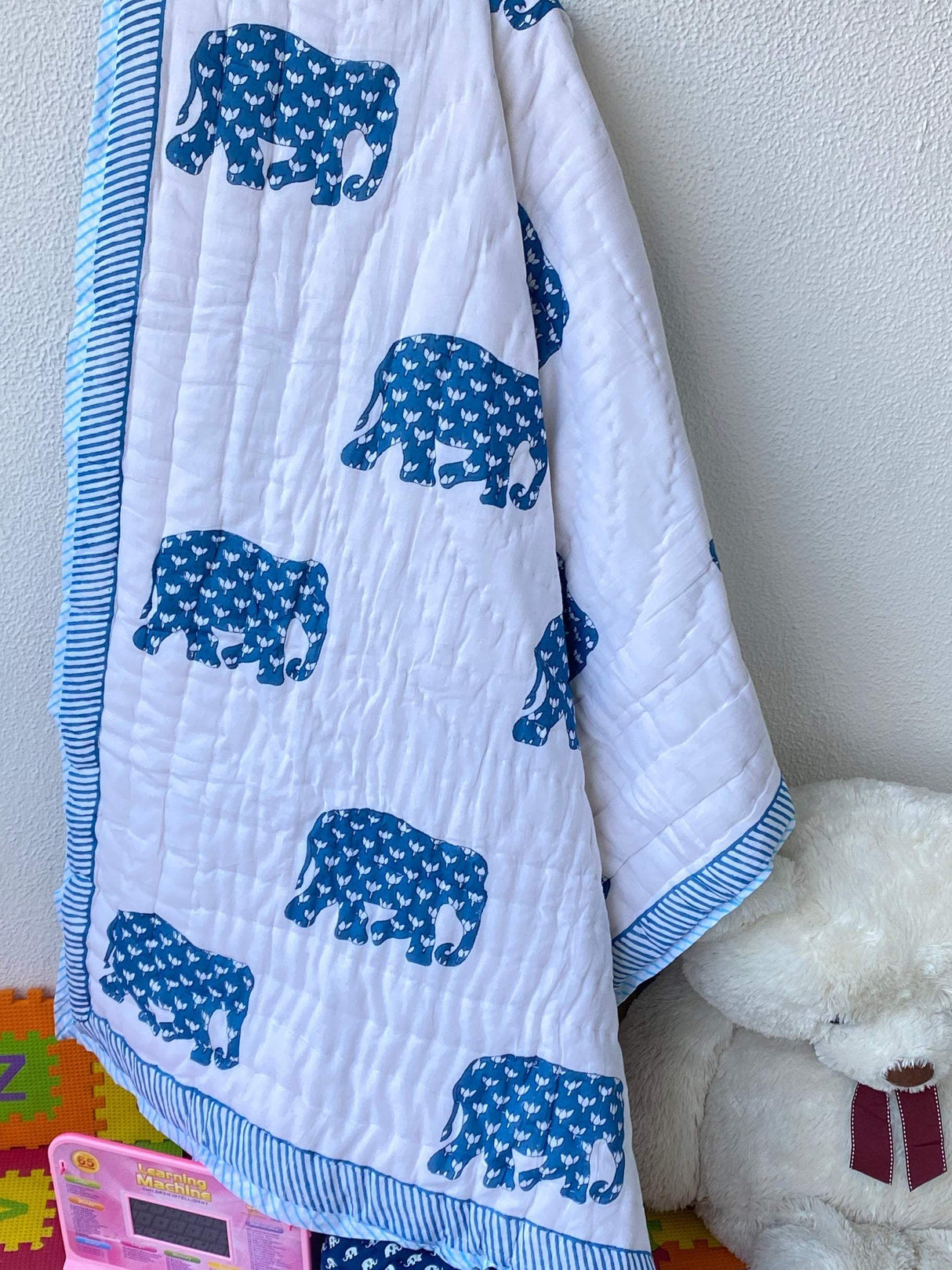block-printed-elephant-themed-kids-quilt-in-blue-tones-for-toddlers-available-for-wholesale-in-australia