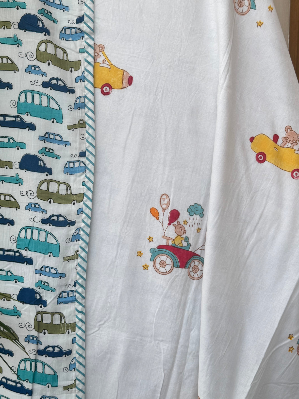 premium baby dohar car print reversible blanket for kids made with sustainable mulmul cotton and flannel soft breathable perfect for gifting in hot weather