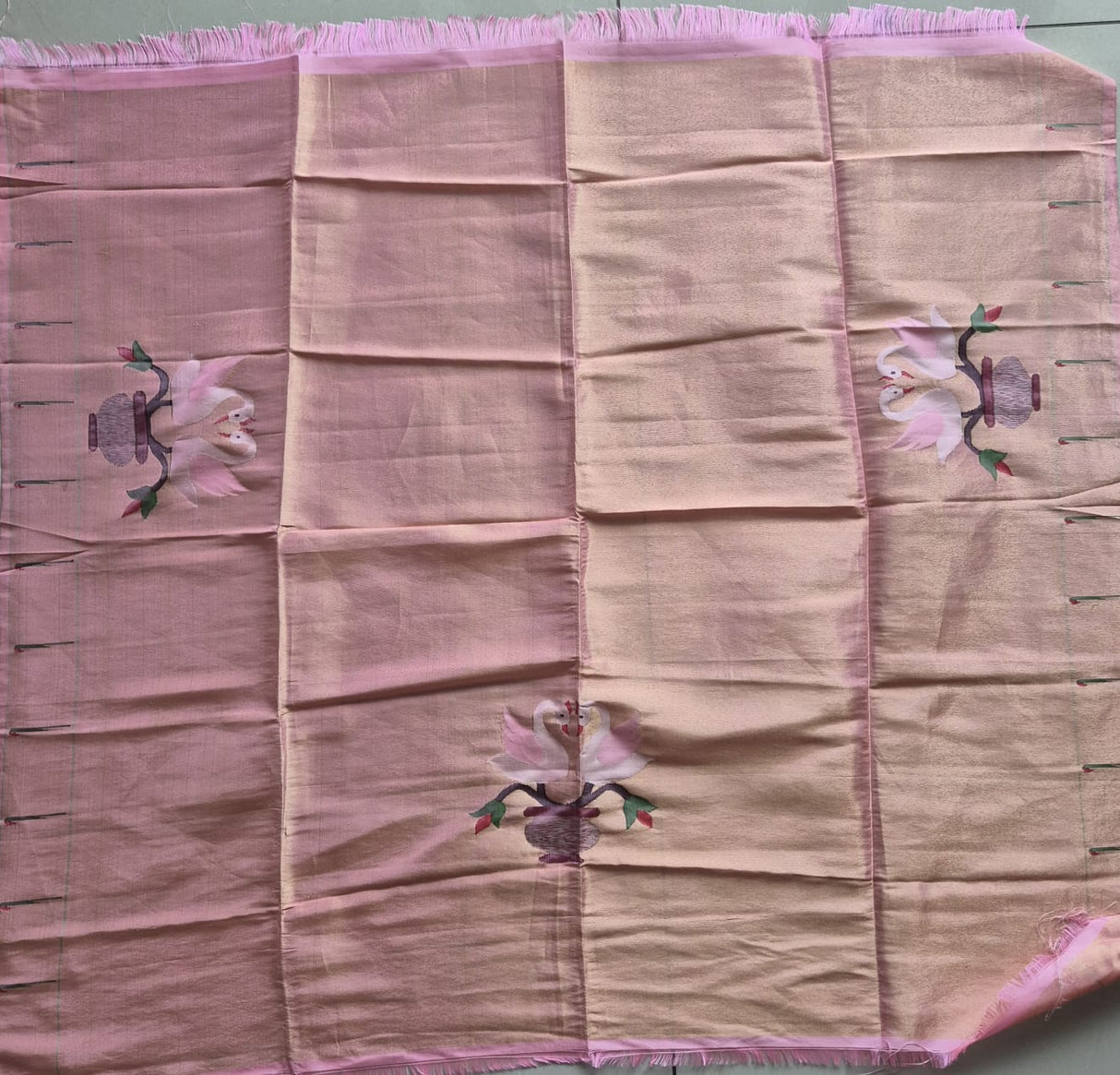 Swan and Kalash Theme Light Pink and Golden Handloom Tissue Silk Paithani Blouse Piece (1 meter)