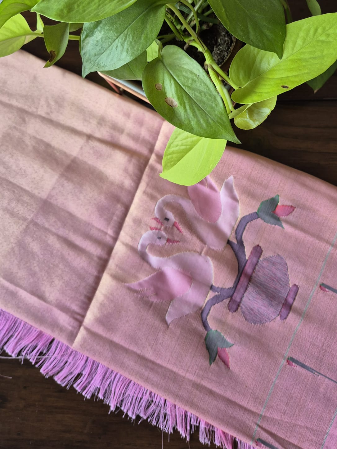 Swan and Kalash Theme Light Pink and Golden Handloom Tissue Silk Paithani Blouse Piece (1 meter)