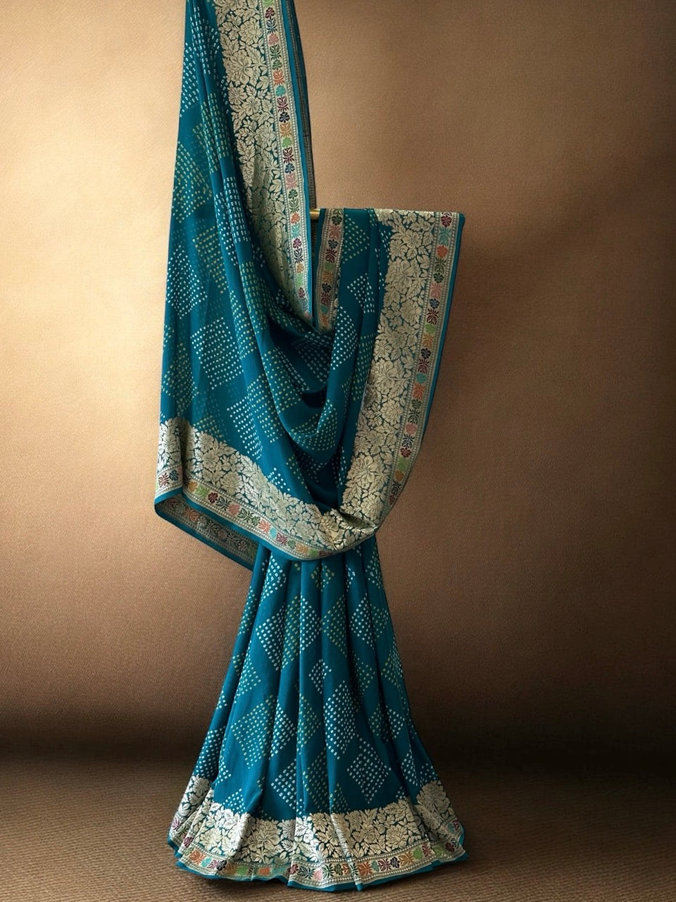 teal-elegance-pure-banarasi-georgette-bandhani-saree-with-a-delicate-meenakari-border