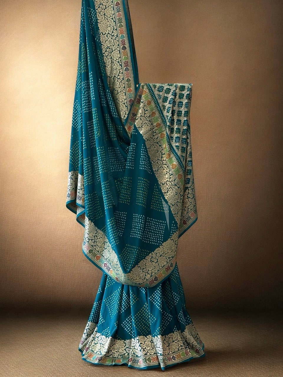 teal-elegance-pure-banarasi-georgette-bandhani-saree-with-a-delicate-meenakari-border