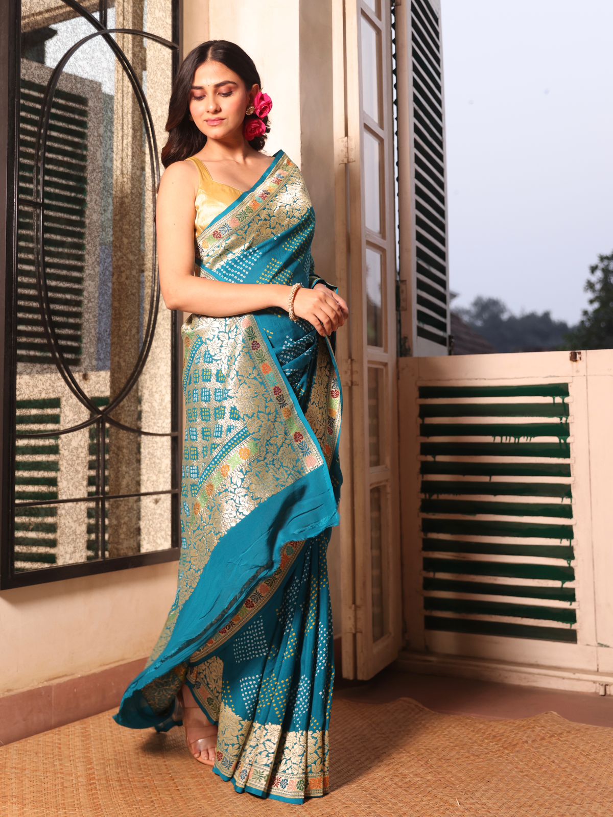 teal-elegance-pure-banarasi-georgette-bandhani-saree-with-a-delicate-meenakari-border